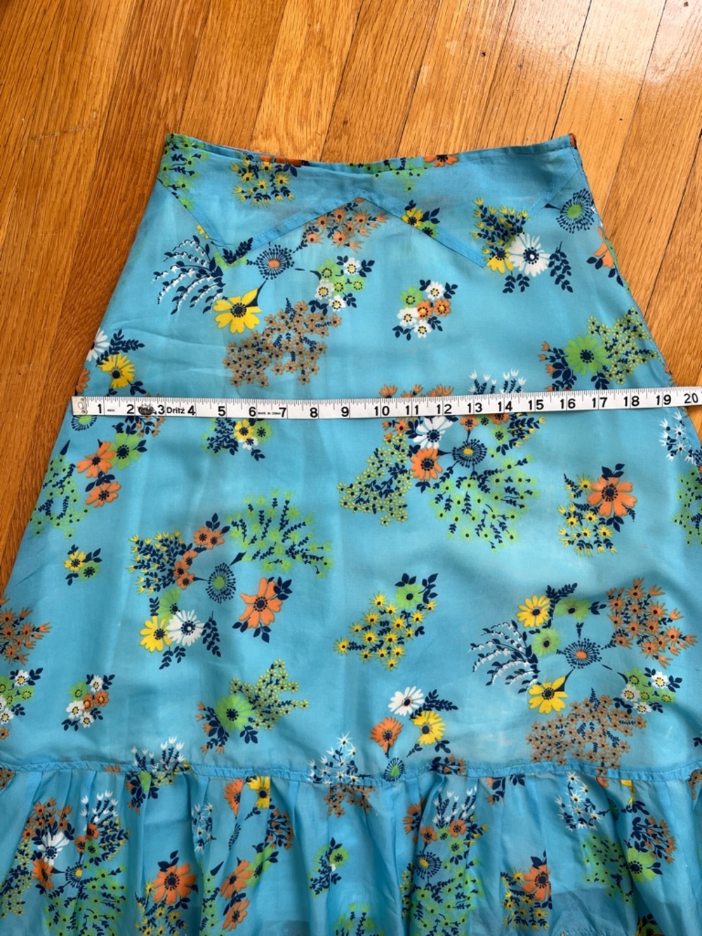 Vintage 1970s Handsewn Ruffle Hem Blue Floral Skirt 26” Waist Fully Lined - Picture 12 of 14